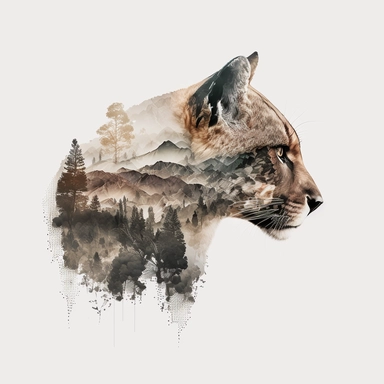 double exposure shot, profile of a Cougar head filled with mountains forest landscape,white gray tawny black fur, character design, half realisitic with intricate details half geometric, clipart isolated on white background