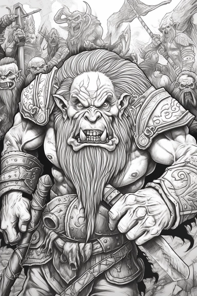 realistic style, bold black lines, fantasy dwarf armies in combat with orcs using axes and hammers hitting themed colouring page, bold black lines, clipart, digital art, colouring page for adults