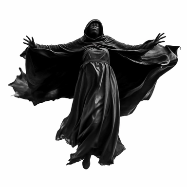 DEATH APPARENT IN BLACK CLOTHES WITHOUT A FACE FLYING SCARY CLIPART ON A WHITE BACKGROUND