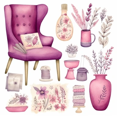 cute watercolor home decor items, vase, pillow, wall frame with lavender flowers, in the style of hot pink, lavender and beige colors, intricate illustrations, primitivist elements, dotted, pencil texture, vivid color palette, Clipart Collection, objects isolated on white background