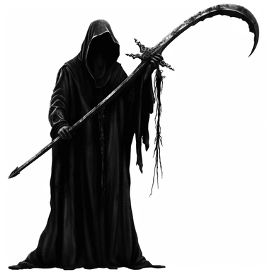 DEATH APPARENT IN BLACK CLOTHES WITH NO FACE HOLDING A scythe SCARY CLIPART ON A WHITE BACKGROUND