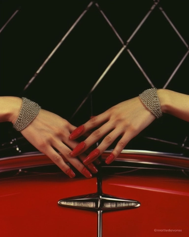 picture of Two hands with red gloves behind a car, golden ratio, No: clipping bodies, wrong anatomy, bad proportions, bad composition mix styles: weegee, cecil baeton, Emily Soto, Sebastian Faena