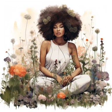 llustration of black woman, with an afro, boho modern aesthetic, cottagecore, avacadopunk, surrounded by florals, sitting in a meadow, flawless line work, very low detail, clipart, watercolor, white background