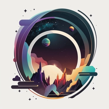 logo, geometric frame, vector, clipart, modern, northern lights, planets, outer space, cartoon, clean lines,