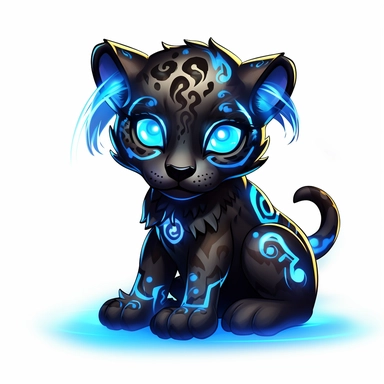 a cute and whimsical glowing tribal leopard with blue lights on his eyes, tribal animals, in the style of manhwa character design, master of shadows, burned/charred, himalayan art, dark black and light azure, 2d game art, quadratura, clipart, on white blackground