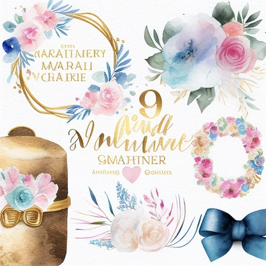 watercolor marriage anniversary clipart collection, white background, white, pink, blue and gold illustrations