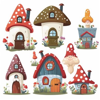 Clipart set of different cartoon gnomes and cartoon little mushroom houses, white background,