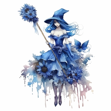 Single, Watercolor, broom, blue flower witch, fantasy, clip art, detailed, full body shot, white background