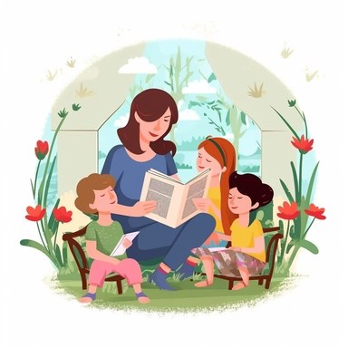 Mom Reading Book for Her Children at the garden Clipart: Literary Adventure, Imagination Unleashed, Cozy Reading Nook, Family Storytime, Intellectual Bonding. Camera Type: Digital DSLR. Camera Lens Type: Prime lens. Time of Day: Afternoon. Style of Photog