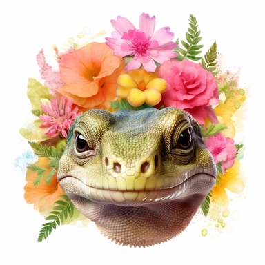 isolated clipart, cute reptile with flowers on its head, highly realistic, flickr, watercolorist, uhd image, multi-layered mixed media