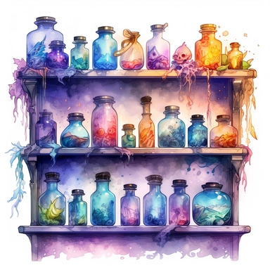 Witches PotionShelf Watercolor dreamy Clipart, pastel-core purple turquoise blue orange red yellow Magical Mystical Art, Fantasy Clipart, Witchcraft Potion many details style of Demizu Posuka no people