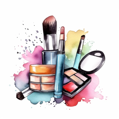 Beauty cosmetic watercolor clipart with soft colors on a white background, featuring a range of makeup items such as lipstick, eyeshadow palette, mascara, and makeup brushes, executed in a delicate watercolor style with pastel hues,