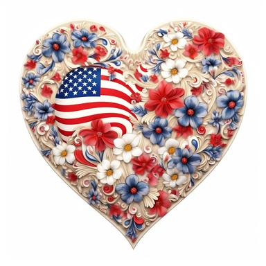 realistic illustration, heart clipart with floral decoration, with colors of the united states flag, july 24th, high definition embedded details, white background,