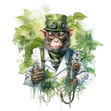 Steampunk style monkey with watercolor effect,unrealistic fantastic,white background,suitable for digital cliparts,fantastic scene,high quality,leaves,ivy,green plants - @nhnztrk (Waiting to start)