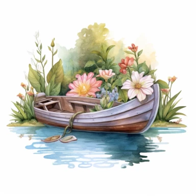 Clipart, isolated on white background, beautiful cuteboat by the lake , forest woodland nature landscape scenery, plants and flowers, ornated, pastel colors