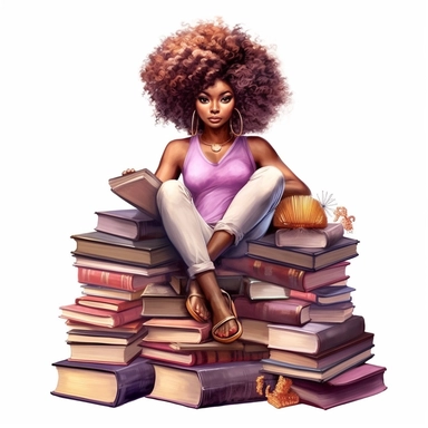 imagination, Clipart illustration of afro cosmepolitian woman sitting on top of books, realistic in the style of nene thomas