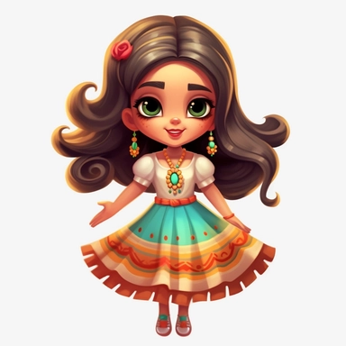 Beautiful mexican style girl, happy dancing, with beautiful eyes and beautiful smile, disney style, full body,on white background, big eyes, clipart, cartoon, inkley studio, smiling, outlines, charming anime characters Thomas Kinkade Nadja Baxter Anne Stokes Nancy Noel