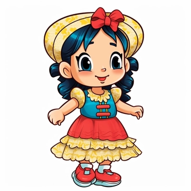 a cute blond little girl dressed for a brazilian junina party, with a blue and yellow flowing dress, braids in her hair, red shoes, happy, Monica's gang style, Graphics Maurício de Sousa, digital art, big eyes, cartoon, clipart , country girl from festa junina from brazil cute drawing white background