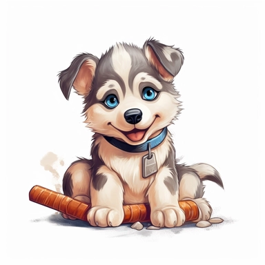 Alaskan Malamute, cartoon clipart, wathercolor of art adorably puppy on white background, simple and Adorable little puppy sitting on the ground with a bone in its mouth, big eyes and a friendly expression, cleaning