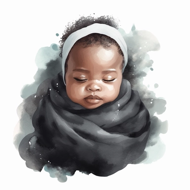 Watercolor cute new born black baby on a cute blanket, clipart, singel clipart, High resolution, 8k