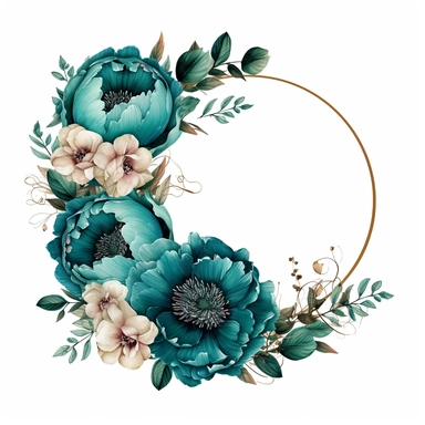 minimalistic and tastful teal peonies clipart floral wreath with big clean center for copy space, on solid white, i can't belive how beautiful this is