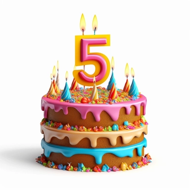 LAYERED birthday cake with fifth birthday candle clipart white background