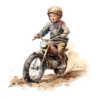 Vintage kids Dirt Bike with a kid riding it on dirt with helmet ,Watercolor,Clipart,Isolated, White background
