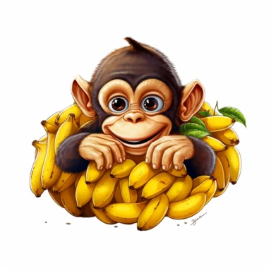 a playful design of a curious monkey peeking out from behind a bunch of bananas, clip art, white background, illustration
