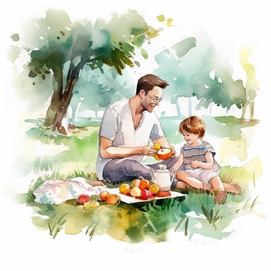 Father and child sharing a picnic in the park or having a backyard picnic, water color style, clipart, white background