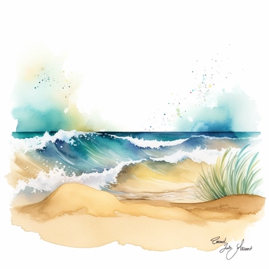 Sandy beach with waves, clipart, watercolor, white background