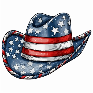 4th of July Patriotic Clip art of patriotic cowboy hat, png Full body realistic cartoon in 32K UHD cute, 15 cm thick outline. Black color, 8k with realistic watercolors and detailed illustrations. PNG clipart, transparent white background