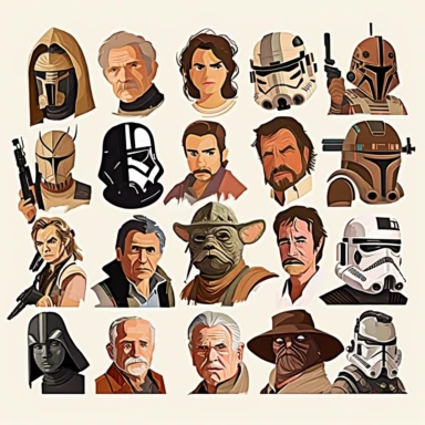 Star movie characters clipart, Mandalorian and Grogu clipart, Han Solo, Darth Wader, Obi Van Kenobi, Luke Skywalker - DIY portrait, white background,