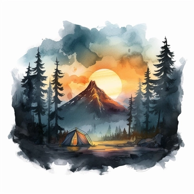 white background,retro matt watercolor,HD night camp with a sun over the mountains and trees,maybe a lake,in the style of vibrant illustration,baroque chiaroscuro drama,multilayered realism,tonalist skies,detailed campsite,fantasy realism,colorful,clipart