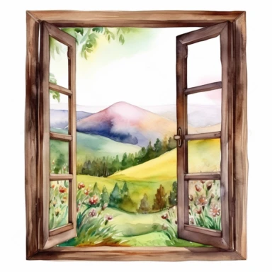 old wooden window frame clipart, through which you can see the spring hilly landscape , watercolor, white background