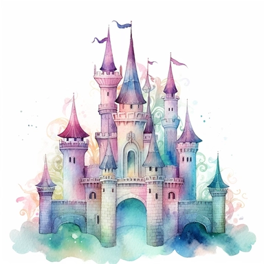 Whimsical watercolor fantasy castle clipart, painted in dreamy pastel hues, its towers and battlements appearing as if they were woven from the colors of the sky, each brushstroke capturing the magical essence of the castle, surrounded by mystical landscapes and fantastical creatures, invoking a sense of wonder and imagination, perfect for creating enchanting and whimsical designs, Illustration, detailed, 4k