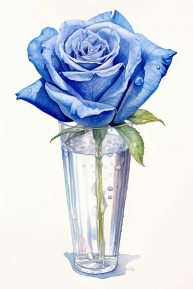 A highly detailed watercolor and pencil drawing of a clipart of blue Rose in a vase gracefully showcased on a isolated white background,, The flower is meticulously rendered, capturing the intricate details of its petals, stamen, and sepals. The combination of watercolor and pencil techniques adds depth and dimension to the drawing, with the watercolor providing soft washes of color and the pencil adding fine lines and delicate shading. The drawing highlights the flower's elegant structure,empha