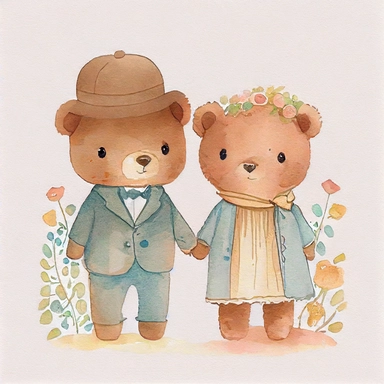 cute watercolor illustration of a two vintage teddy bears getting married, in the style of paddington, popular on pinterest, simple shapes, no lines, no outlines, clipart, trending on artstation, minimalist, watercolor illustration clipart, watercolour clipart, watercolor illlustration for kids and children, book illustration, flat background