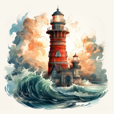 Fantasy dreamlike lighthouse Clipart, Watercolor, hyper realistic, intricate detail, illustration style, high resolution, on the white background