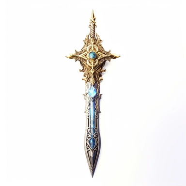 Create a mesmerizing clipart of a legendary sword against a pristine white background. The sword should be forged with exquisite craftsmanship, with an adorned hilt featuring intricate patterns and gemstones. Depict a radiant glow along the blade, hinting at its mythical powers.
