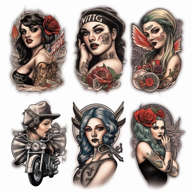 6 assorted heavily tatted biker chick pixie fairy Harley davidson theme clip art tattoos