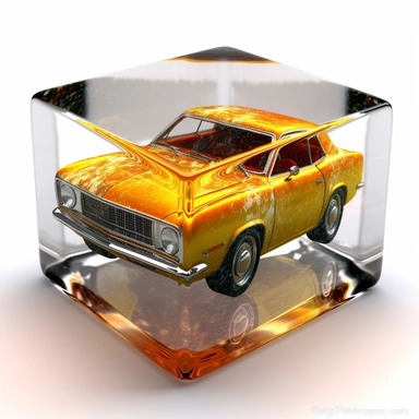 clipart 3D mini car inside epoxy rasin cube. glass cube has sharp edges. preserved in resin, vibrant color, white background