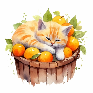 Watercolor british shorthair kitten peacfully sleeping in a laundry basket clipart, british shorthair breed, surrounded by oranges and orange leaf and branches, couple of oranges, high detail oranges, high quality drawing, high quality, body visible, summer colors, hairs are visible, variety of kitten type, summer day theme, valentines day theme, full body kitten, crawling in basket, peacefull fealing, childlike innocence and charm, peacefully sleeping cat, shy kitten, Oh my god its so cute, I c