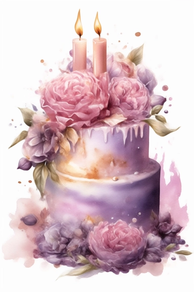 amazing detailed watercolor clipart of a beautiful detailed lilac and soft pink colored birthday cake, no caption, solid white background, cinematic light lighting, hyper-detailed, 8k, high resolution, symmetrical, full shot photograph, insanely detailed and intricate, beautiful, elegant, glamour, watercolor, cinematic