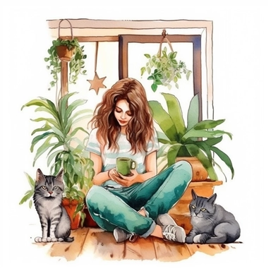 A boho style realistic cute boho girl with a cute cat at the boho style home with watercolor effect,boho style tools,boho style big window,boho style details,boho colors,suitable for digital clipart,white background,boho style green plants,boho flowers,realistic features Clipart ,Cartoon,hyper realistic, intricate detail, illustration style,high solution,on the white background