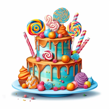Create a clipart image of a birthday cake with a whimsical theme. Incorporate elements like candy, lollipops, and colorful fondant decorations.