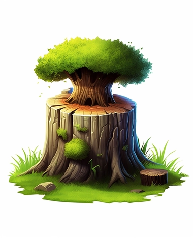 cartoon-style, 3d, realistic, tree stump with grass, clip art,