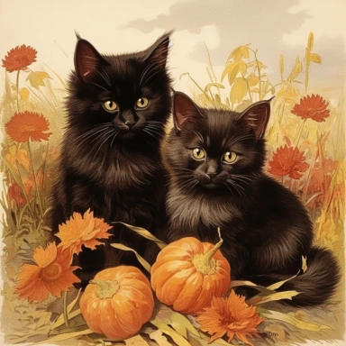 autumn themed black kittens, vintage clip art