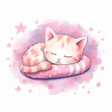 Kawaii kitten sleeping on a pink pillow, super cute, so adorable that is breaks your heart, full body, watercolor clipart, isolated on white background, cute - core