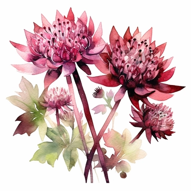 create watercolor clipart with Burgundy Blush Astrantia on white background, a branch with astrantia flowers, color wine and burgundy, by Thomas W.Schaller
