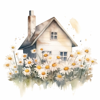 basic watercolor daisies cottage in minimal hand drawn style, Etsy, textured, clipart, white background